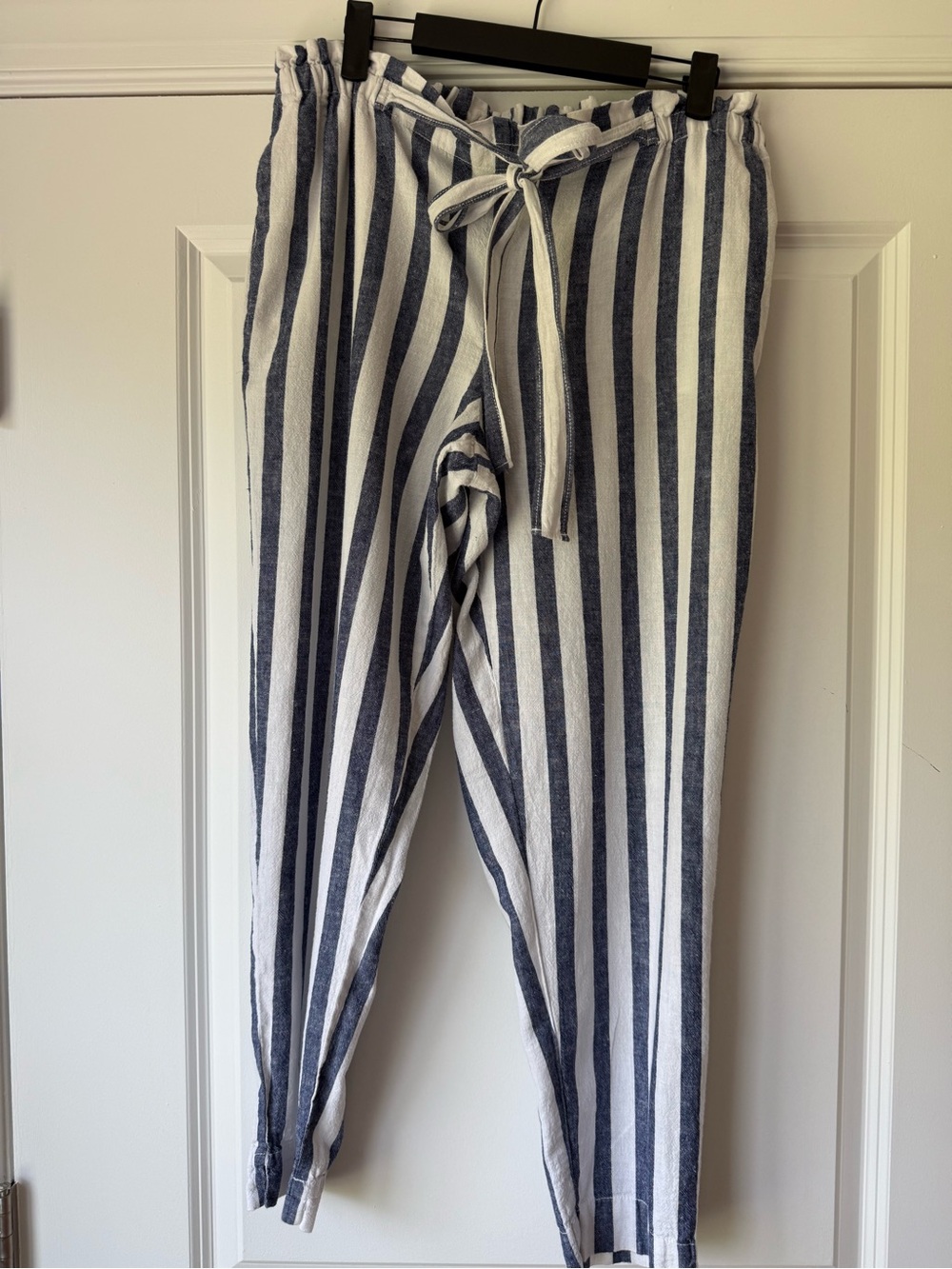 Beach Lunch Lounge Striped Tie-Waist Linen Blend Pants - Blue & White, Large